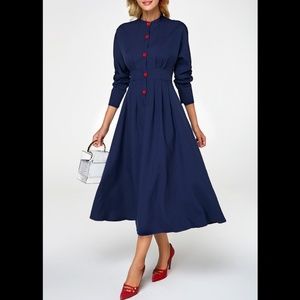 Sz 16 18 blue long sleeve maxi dress w red buttons